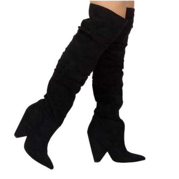 Black Over the Knee Slouchy Cone Heel Boot - Picture 4 of 8